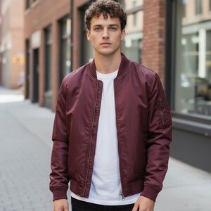 🌻NEW w/tag Label Go-To Bomber Jacket Marron Nylon Zip Front Long Sleeve Size M